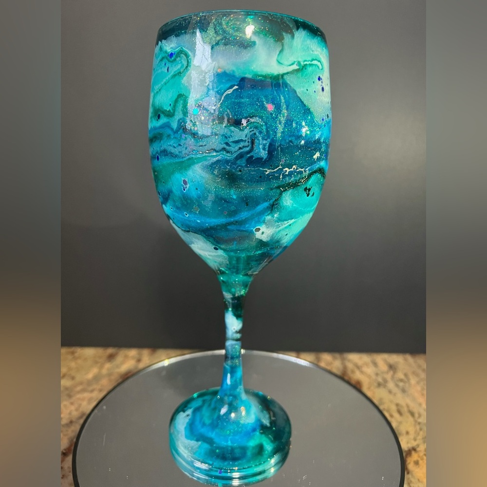 Handcrafted “Treasured Teal ” Custom Large Wine Glass. 20 oz